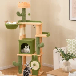 Kratzbaum Kaktus 160cm Katzenbaum mit Katzenhöhle Katzenkratzbaum Spielbaum Holz