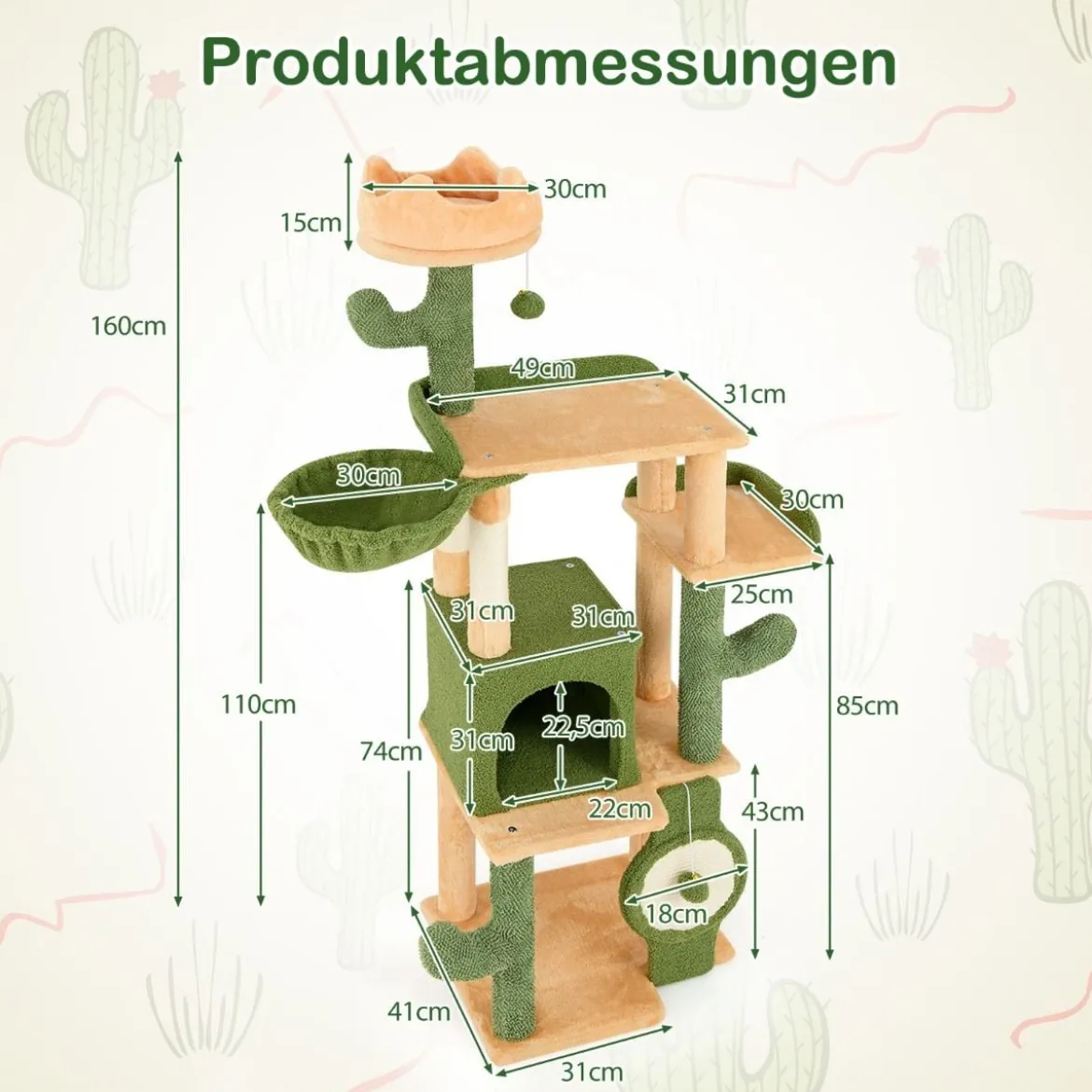 Kratzbaum Kaktus 160cm Katzenbaum mit Katzenhöhle Katzenkratzbaum Spielbaum Holz