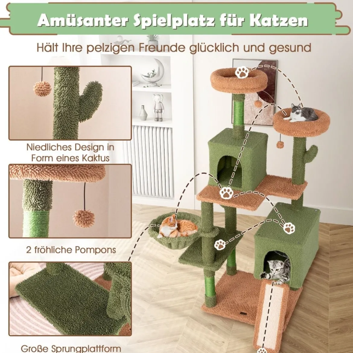 Kratzbaum Kaktus Katzenbaum mit Plattformen Spielzeug Sisalpfosten Grün+Braun (160cm hoch)