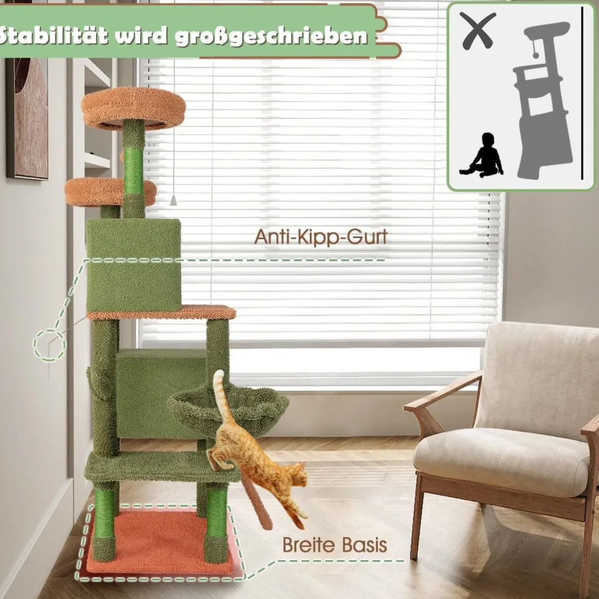 Kratzbaum Kaktus Katzenbaum mit Plattformen Spielzeug Sisalpfosten Grün+Braun (160cm hoch)