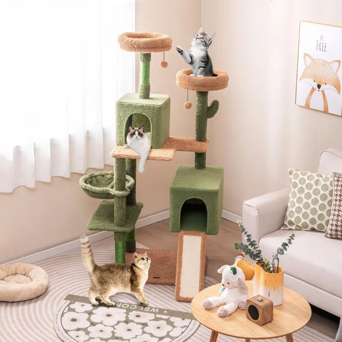 Kratzbaum Kaktus Katzenbaum mit Plattformen Spielzeug Sisalpfosten Grün+Braun (160cm hoch)