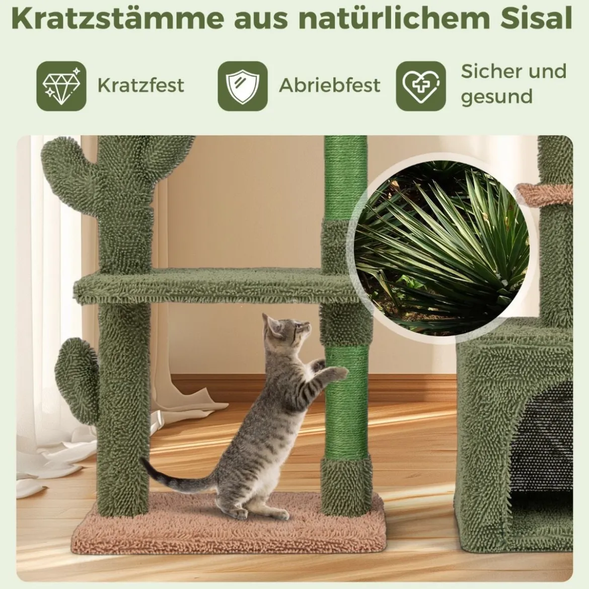 Kratzbaum Kaktus Katzenbaum mit Plattformen Hängematte Katzenhöhle Grün+Braun (81cm hoch)