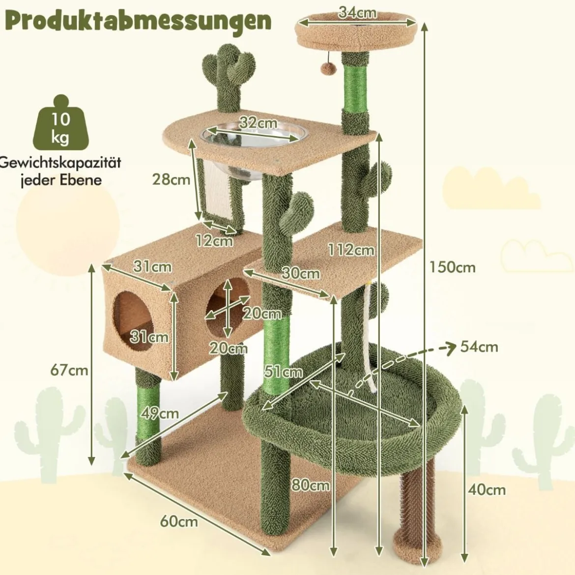 Kratzbaum Kaktus Katzenbaum mit Plattformen Bürste Spielzeug Sisalseil Grün + Braun