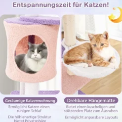 Kratzbaum Katzenbaum mit Katzenhöhle & Hängematte & Spielzeug Lila+Rosa 59 x 49 x 140 cm