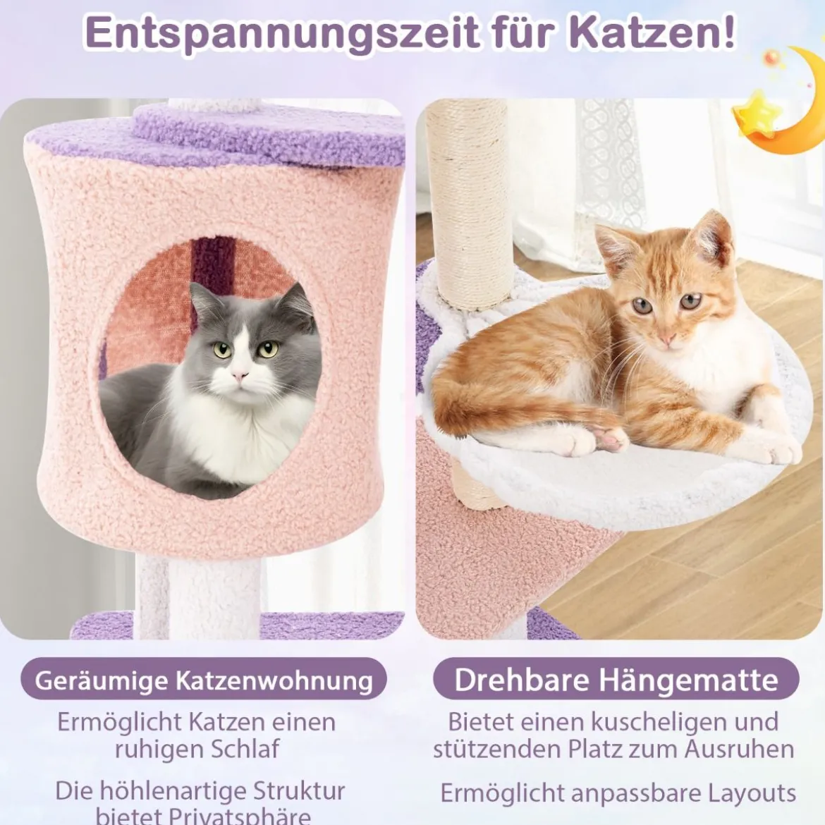 Kratzbaum Katzenbaum mit Katzenhöhle & Hängematte & Spielzeug Lila+Rosa 59 x 49 x 140 cm
