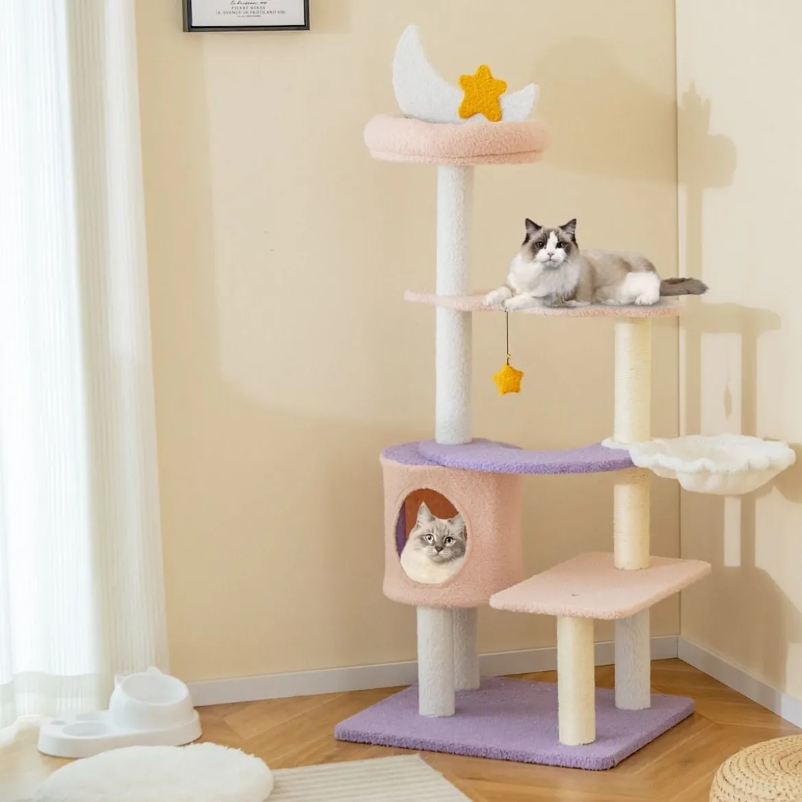 Kratzbaum Katzenbaum mit Katzenhöhle & Hängematte & Spielzeug Lila+Rosa 59 x 49 x 140 cm