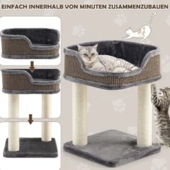 Kratzbaum Katzenbaum-Spielzentrum mit Plüsch Ausgelegter Natursisalturm Grau