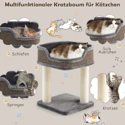 Kratzbaum Katzenbaum-Spielzentrum mit Plüsch Ausgelegter Natursisalturm Grau