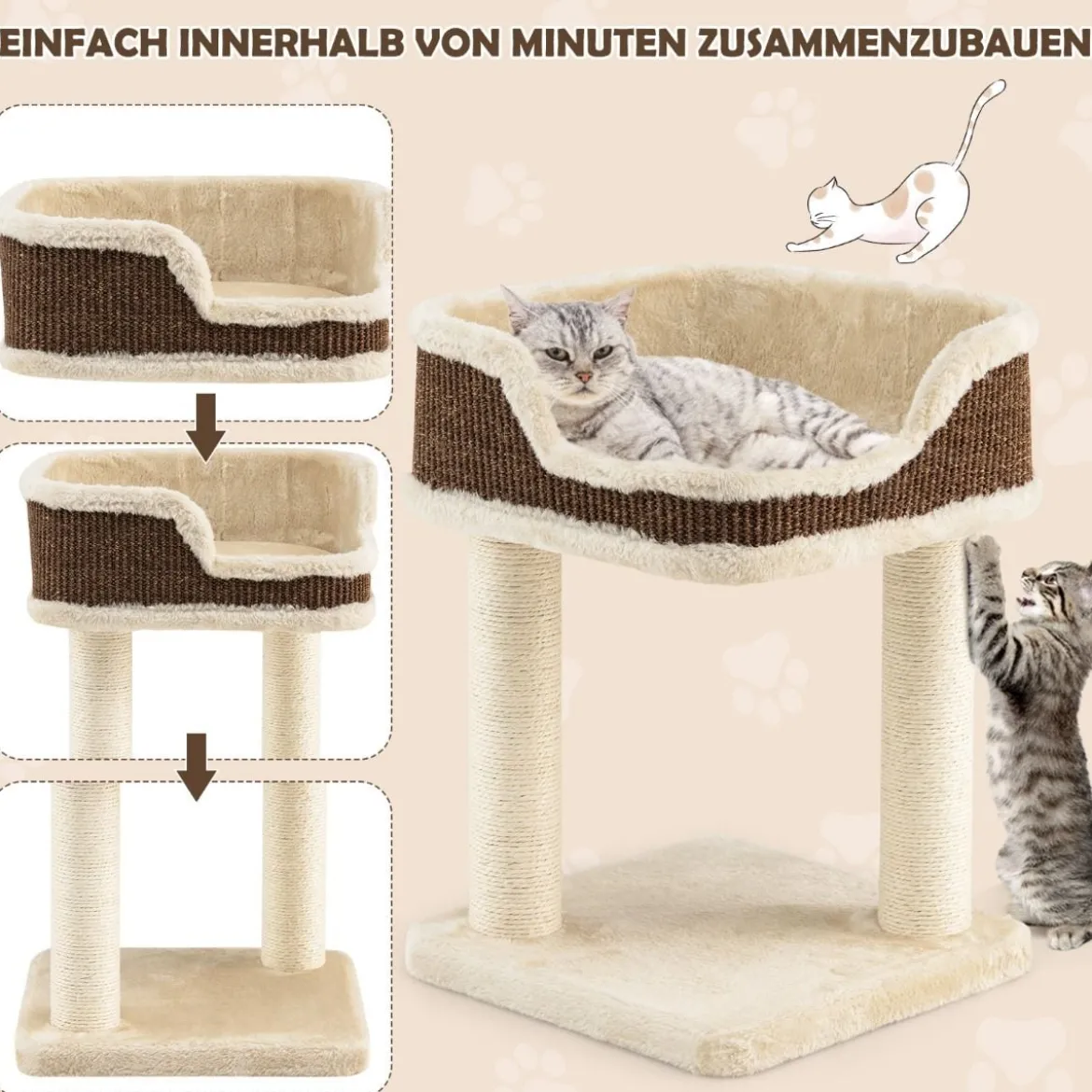 Kratzbaum Katzenbaum-Spielzentrum mit Plüsch Ausgelegter Natursisalturm Beige
