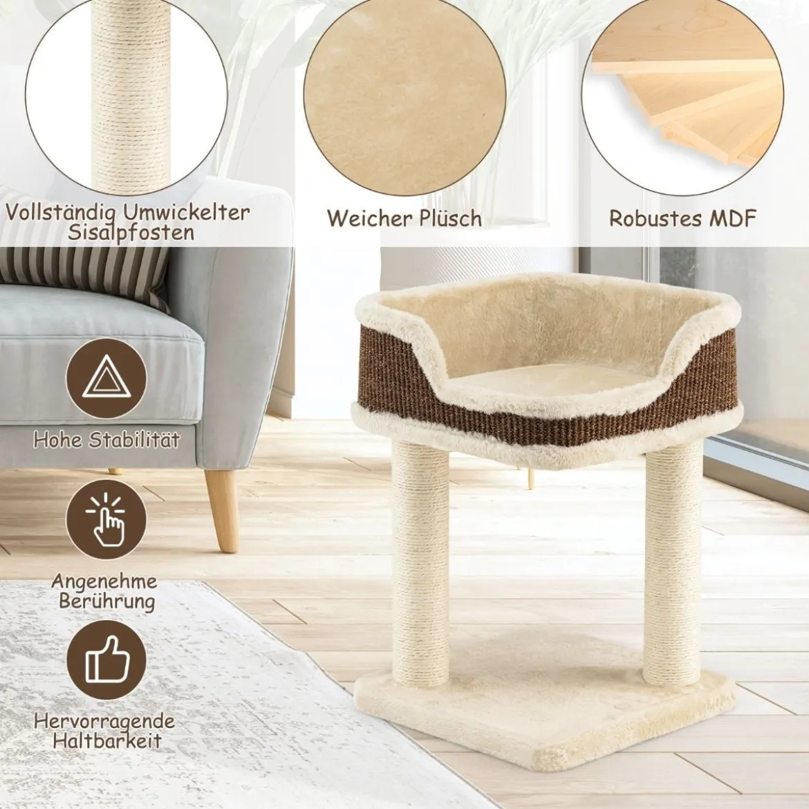 Kratzbaum Katzenbaum-Spielzentrum mit Plüsch Ausgelegter Natursisalturm Beige