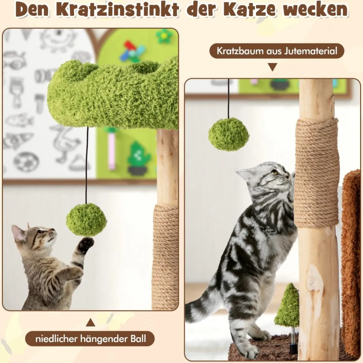Kratzbaum Katzen Katzenbaum mit Katzenhöhle in Baumlochform Braun+Grün 60 x 46 x 73 cm