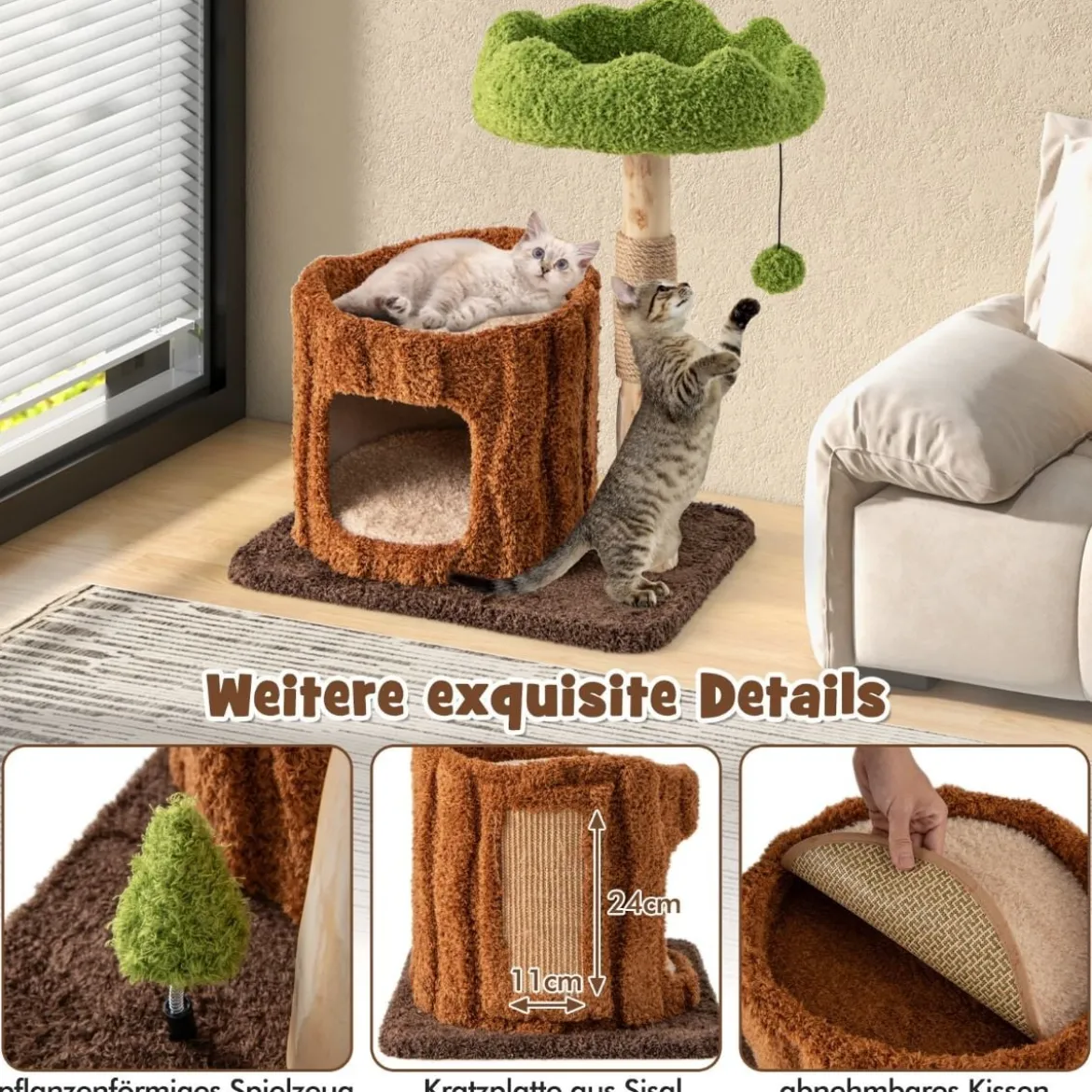 Kratzbaum Katzen Katzenbaum mit Katzenhöhle in Baumlochform Braun+Grün 60 x 46 x 73 cm