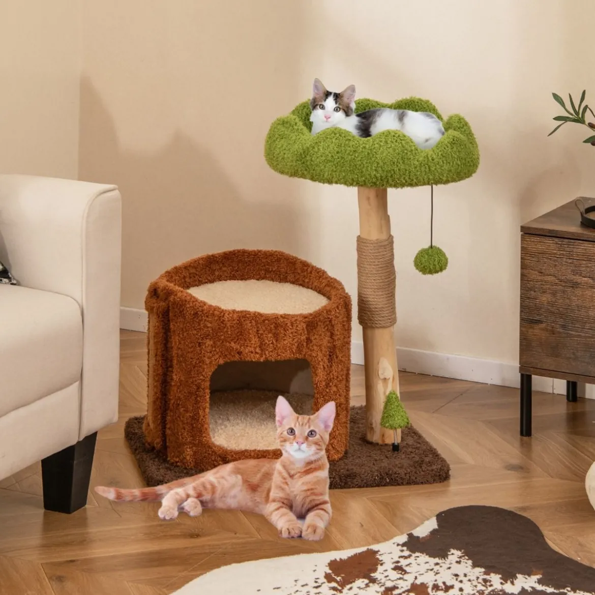 Kratzbaum Katzen Katzenbaum mit Katzenhöhle in Baumlochform Braun+Grün 60 x 46 x 73 cm
