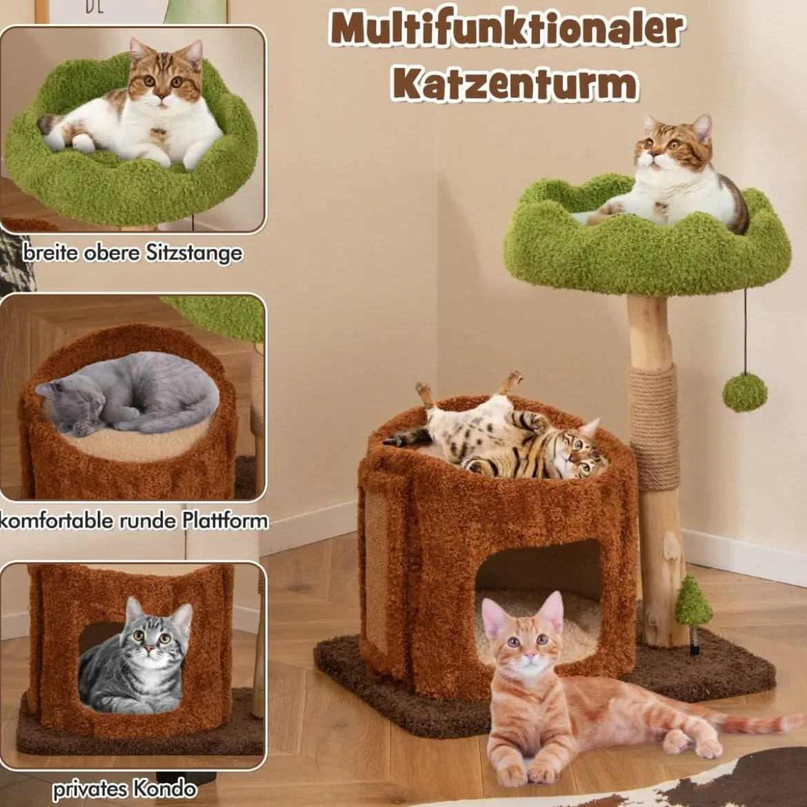Kratzbaum Katzen Katzenbaum mit Katzenhöhle in Baumlochform Braun+Grün 60 x 46 x 73 cm