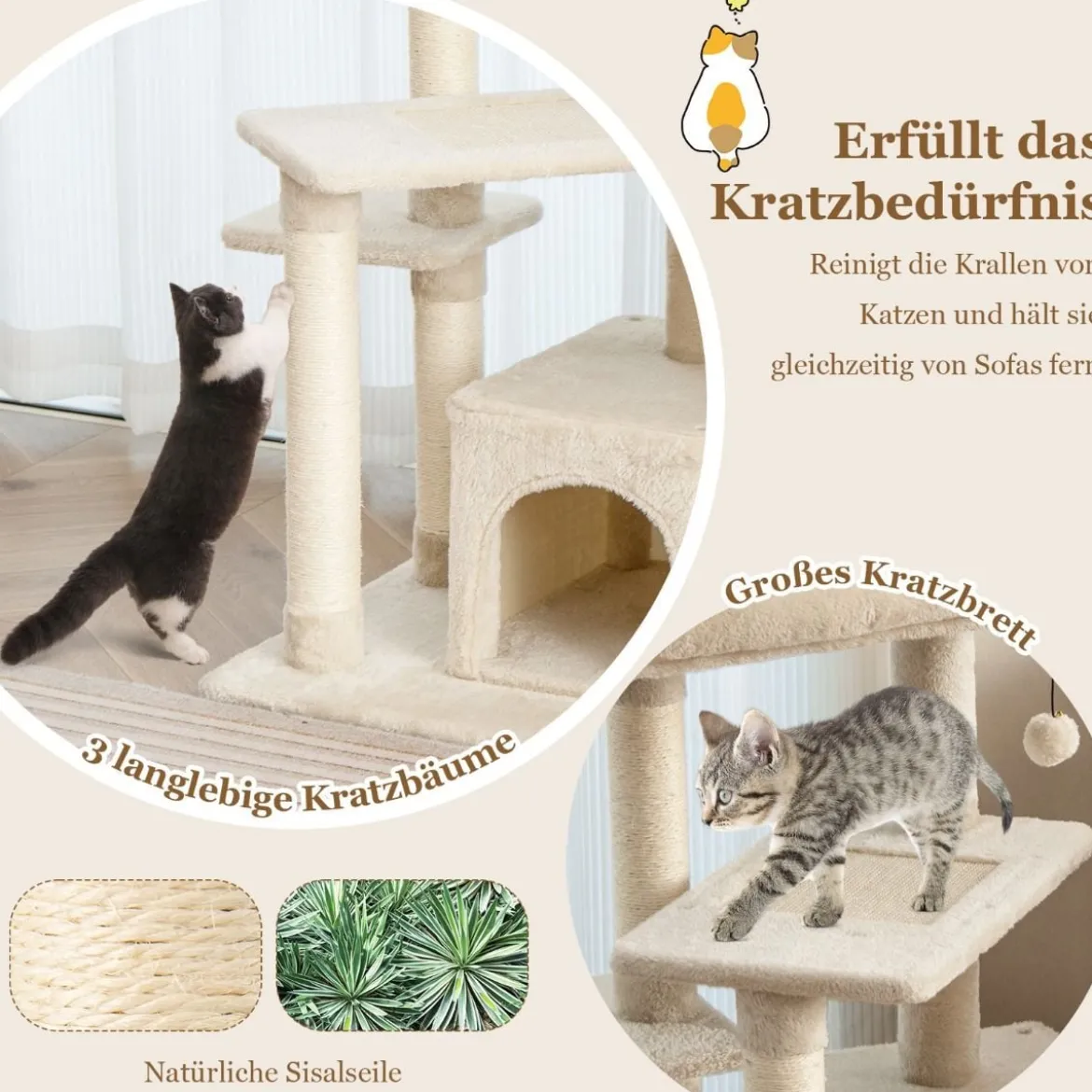 Kratzbaum Klein 85cm Katzenbaum mit Katzenhöhle & weicher Sitzfläche Beige/Grau