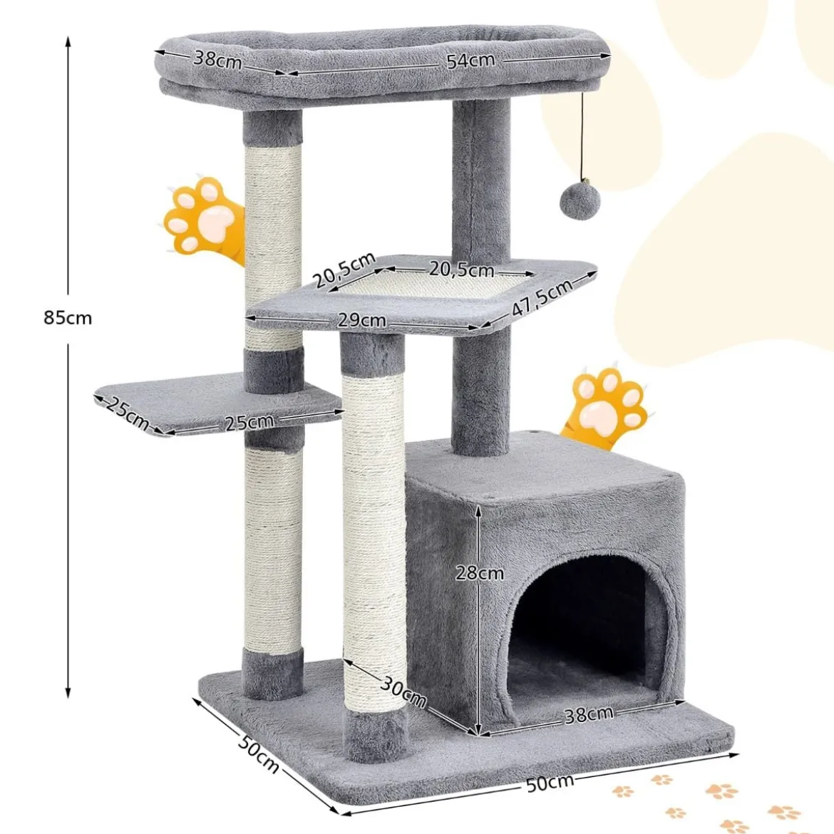 Kratzbaum Klein 85cm Katzenbaum mit Katzenhöhle & weicher Sitzfläche Beige/Grau