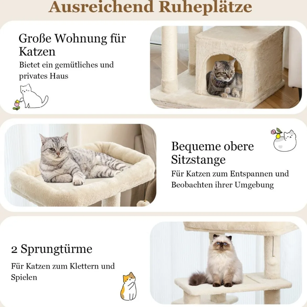 Kratzbaum Klein 85cm Katzenbaum mit Katzenhöhle & weicher Sitzfläche Beige/Grau