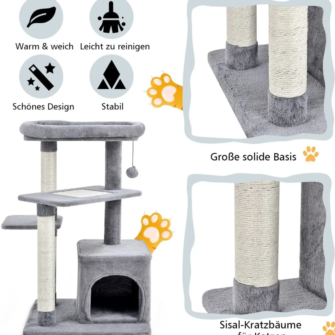 Kratzbaum Klein 85cm Katzenbaum mit Katzenhöhle & weicher Sitzfläche Beige/Grau