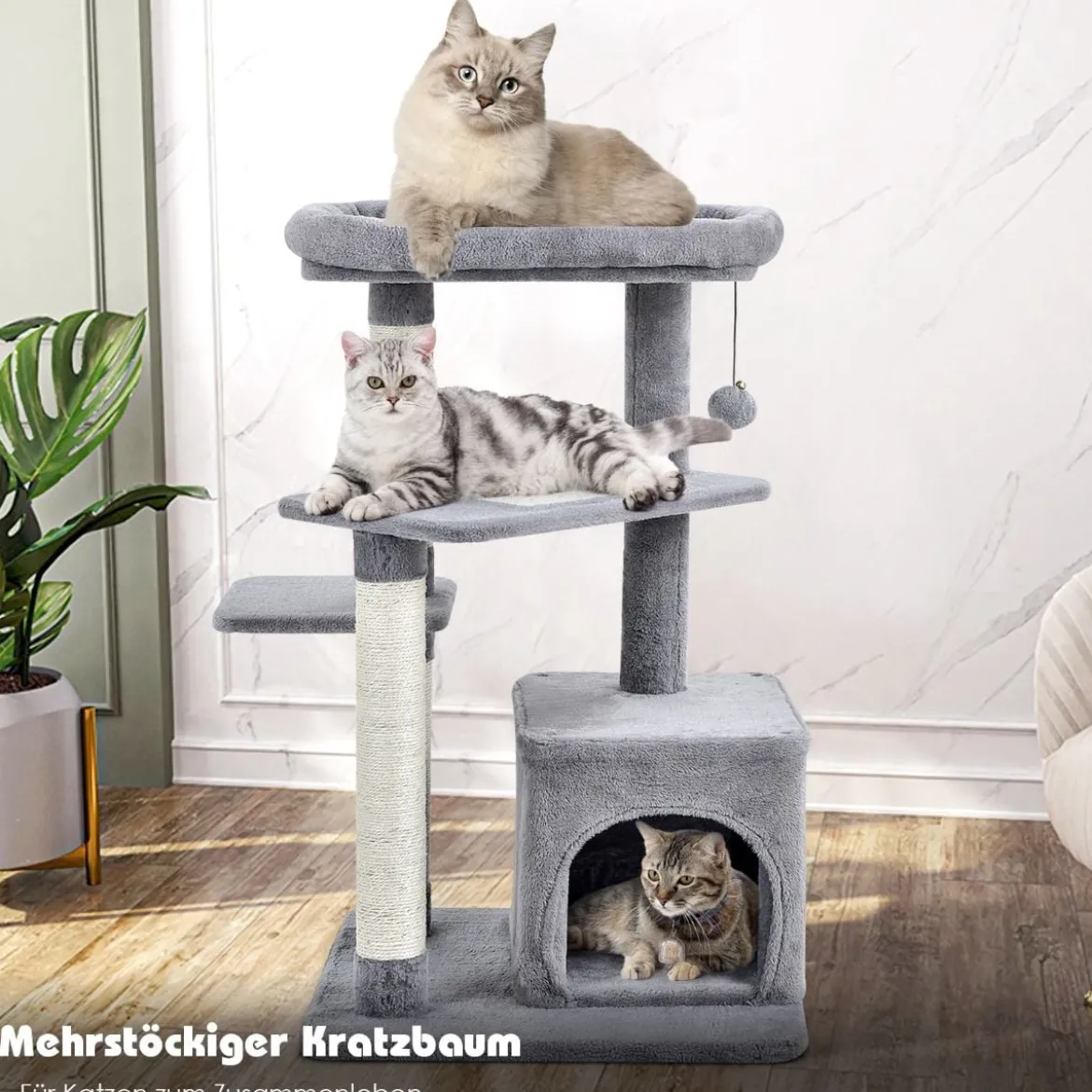 Kratzbaum Klein 85cm Katzenbaum mit Katzenhöhle & weicher Sitzfläche Beige/Grau