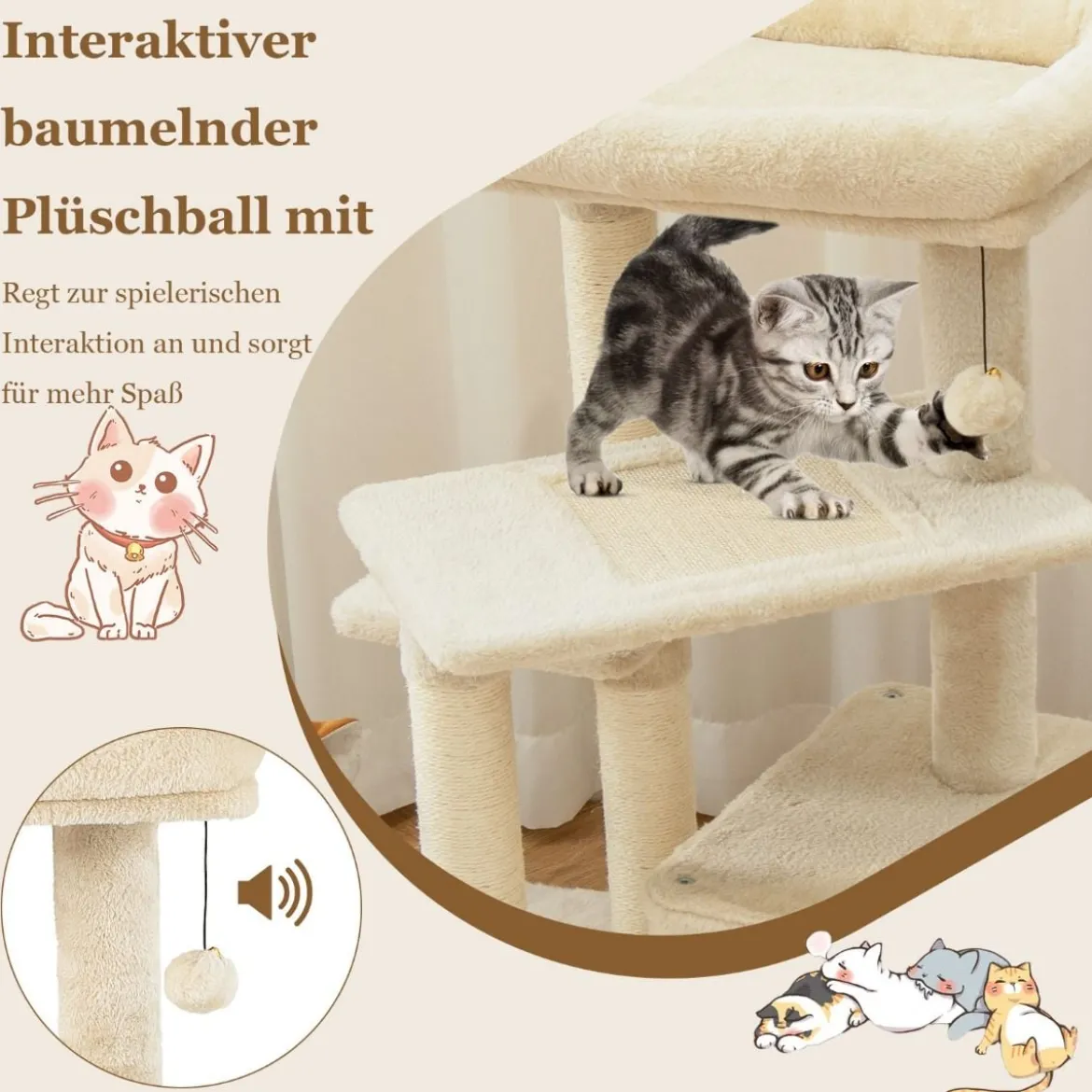 Kratzbaum Klein 85cm Katzenbaum mit Katzenhöhle & weicher Sitzfläche Beige/Grau