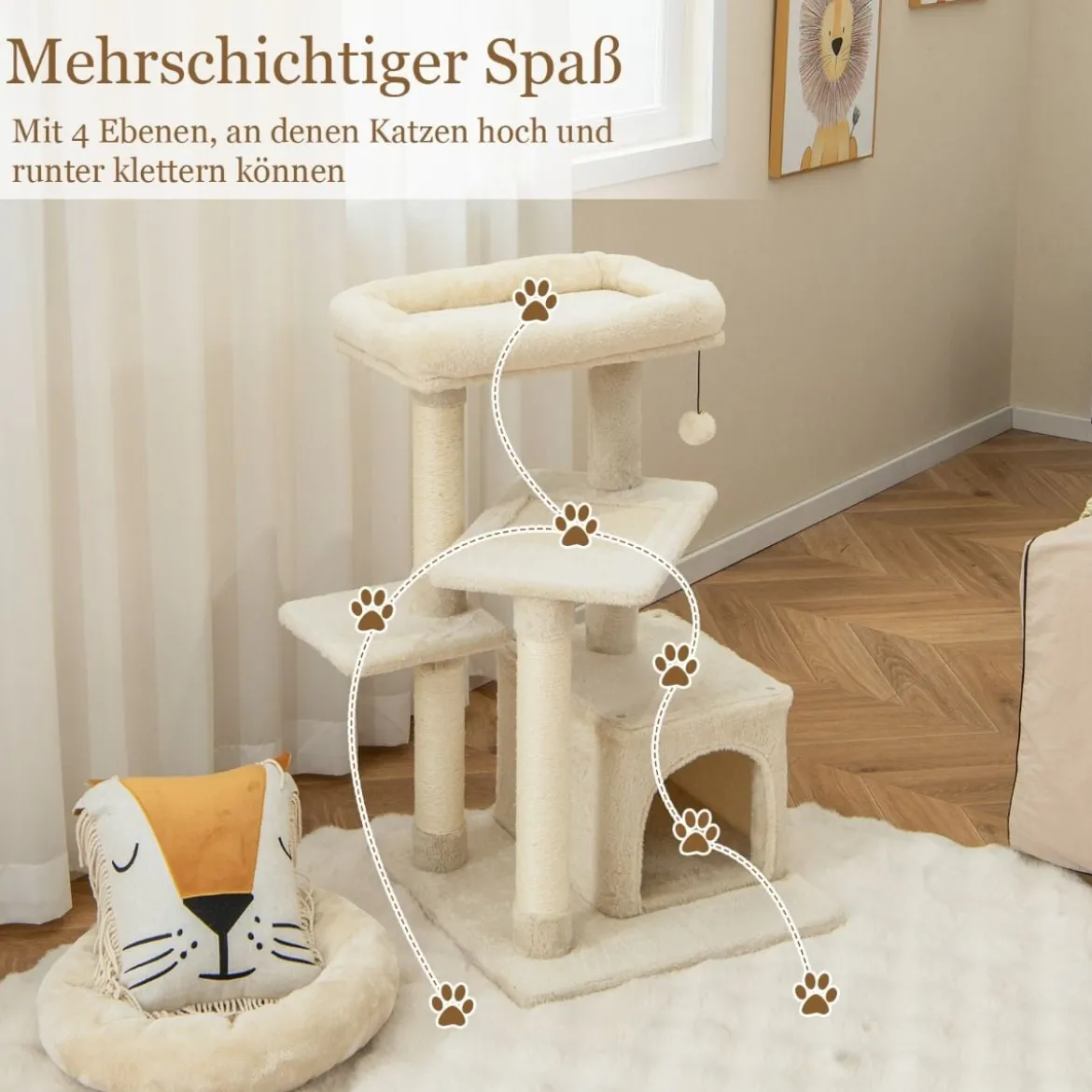 Kratzbaum Klein 85cm Katzenbaum mit Katzenhöhle & weicher Sitzfläche Beige/Grau