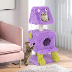 Kratzbaum Klein 111cm Monster-Thema Katzenbaum mit 2 Katzenhöhlen & abnehmbarem Oberteil Lila