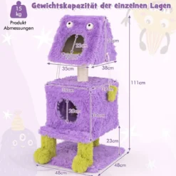 Kratzbaum Klein 111cm Monster-Thema Katzenbaum mit 2 Katzenhöhlen & abnehmbarem Oberteil Lila