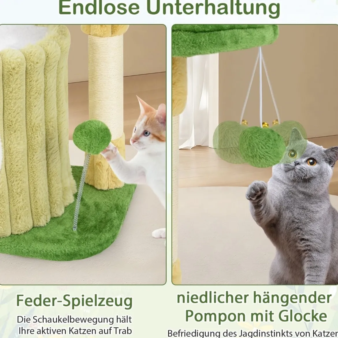 Kratzbaum Klein Katzenbaum mit Plattform Sisal-Kratzsäule Katzenhöhle & 2 Bällen Grün