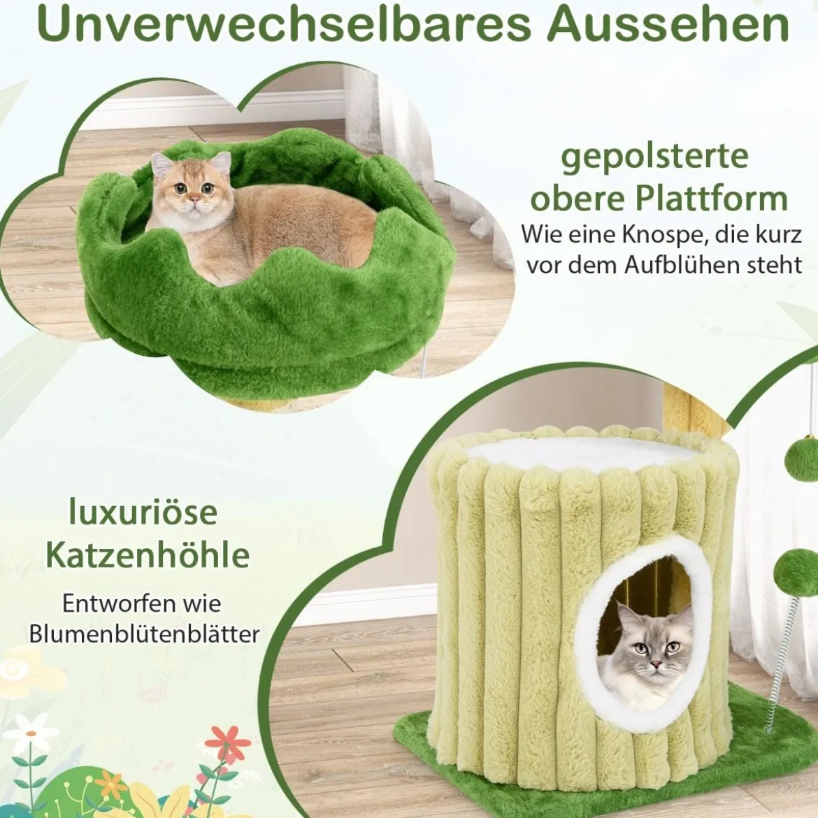 Kratzbaum Klein Katzenbaum mit Plattform Sisal-Kratzsäule Katzenhöhle & 2 Bällen Grün