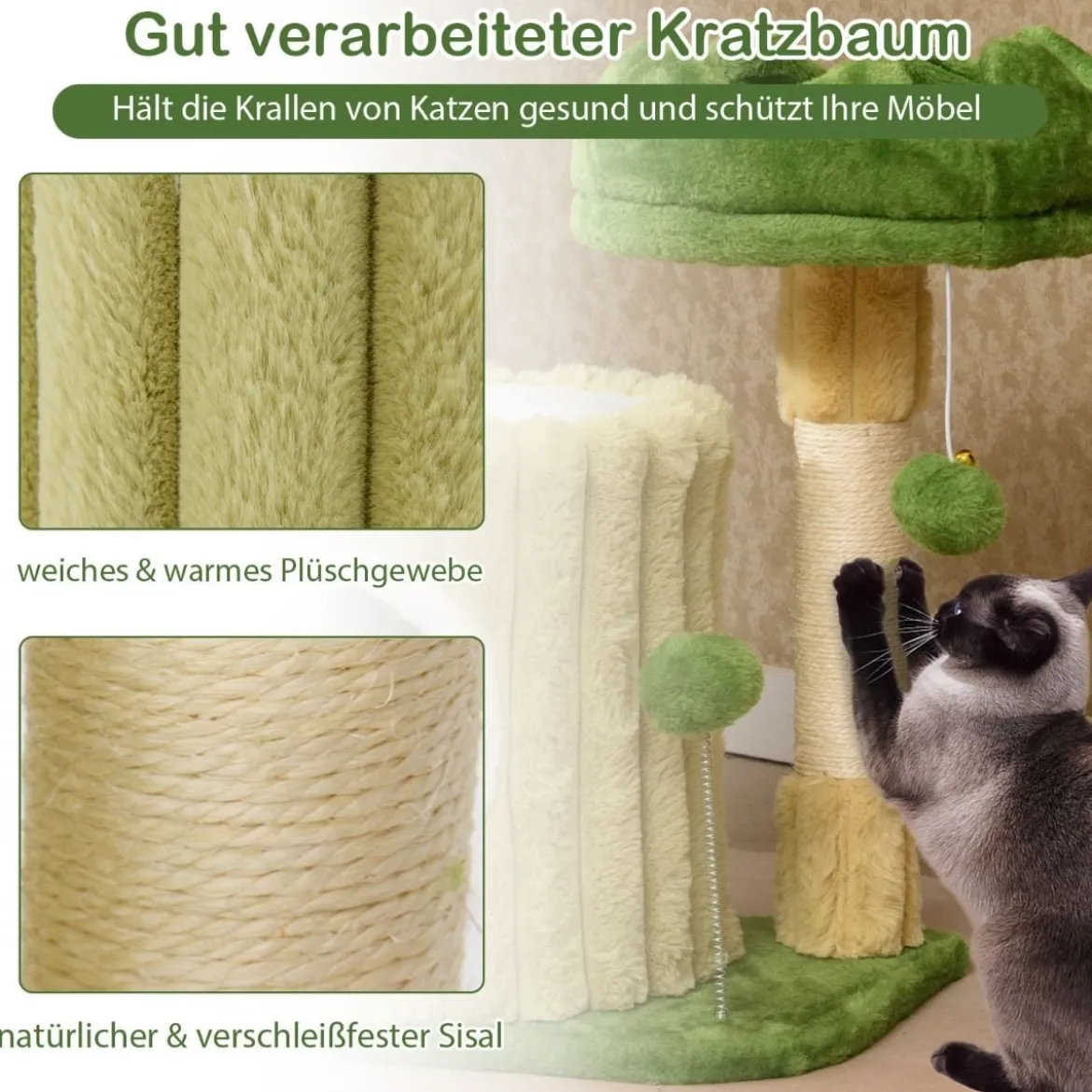 Kratzbaum Klein Katzenbaum mit Plattform Sisal-Kratzsäule Katzenhöhle & 2 Bällen Grün