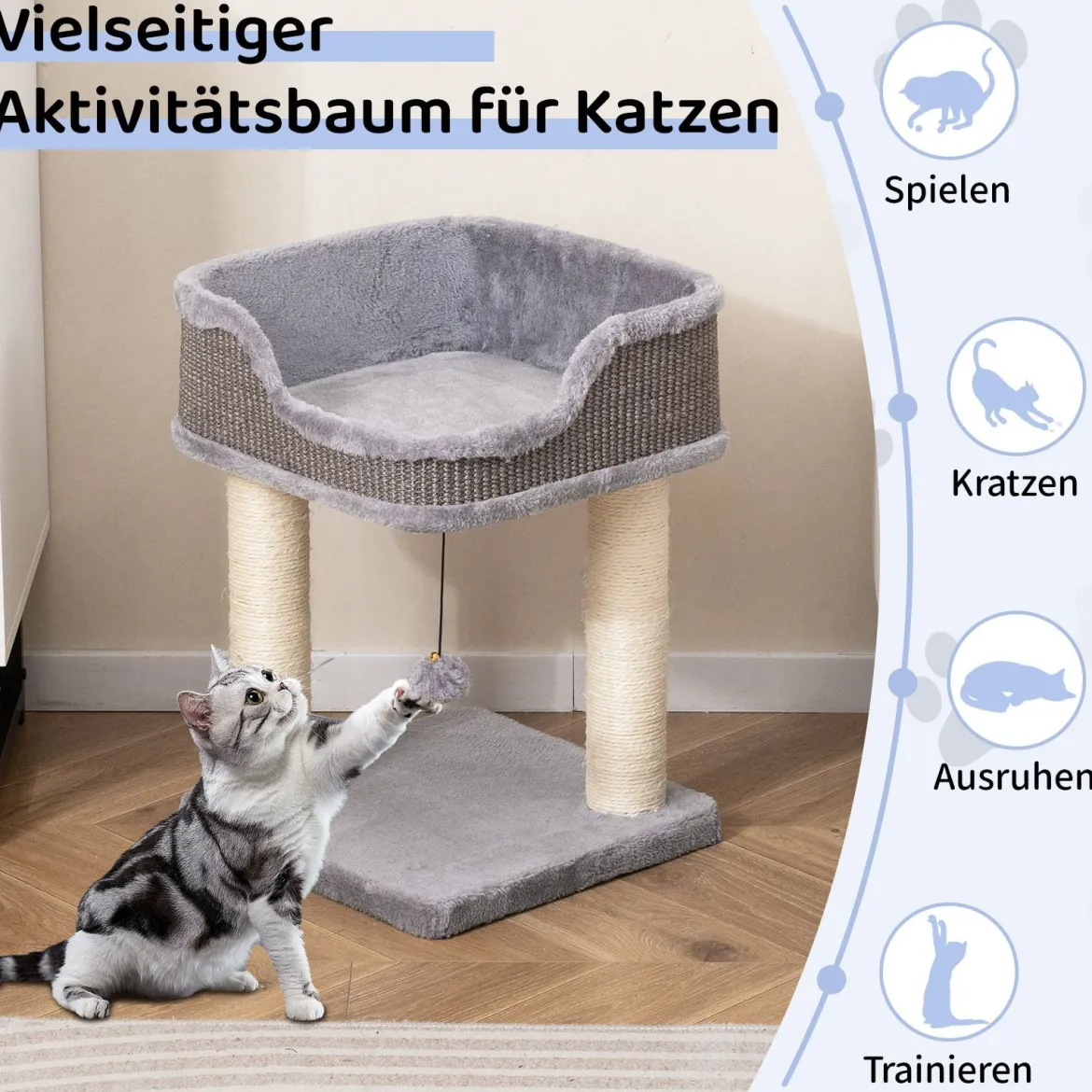 Kratzbaum Klein Katzenbaum mit großem Plüschsitz Katzenkratzbaum Holz Katzen Katzenmöbel Kletterbaum 38 x 38 x 51 cm Grau