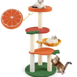 Kratzbaum Klein Niedliches Obstthema 100 cm Katzenbaum mit Drehbarem Korb Sisal-Kratzsäulen