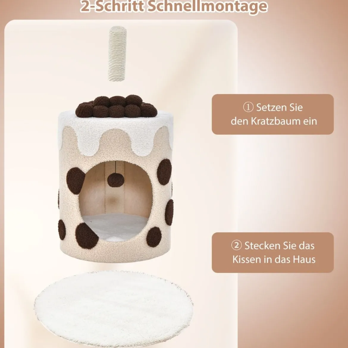 Kratzbaum Kratztonne in Milchteeform mit Sisalpfosten & baumelndem Ballspielzeug Beige