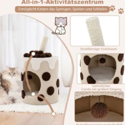 Kratzbaum Kratztonne in Milchteeform mit Sisalpfosten & baumelndem Ballspielzeug Beige