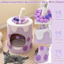 Kratzbaum Kratztonne in Milchteeform mit Sisalpfosten & baumelndem Ballspielzeug Lila