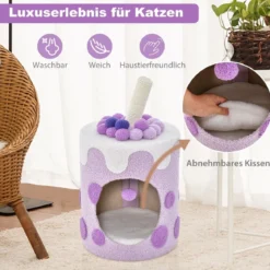 Kratzbaum Kratztonne in Milchteeform mit Sisalpfosten & baumelndem Ballspielzeug Lila