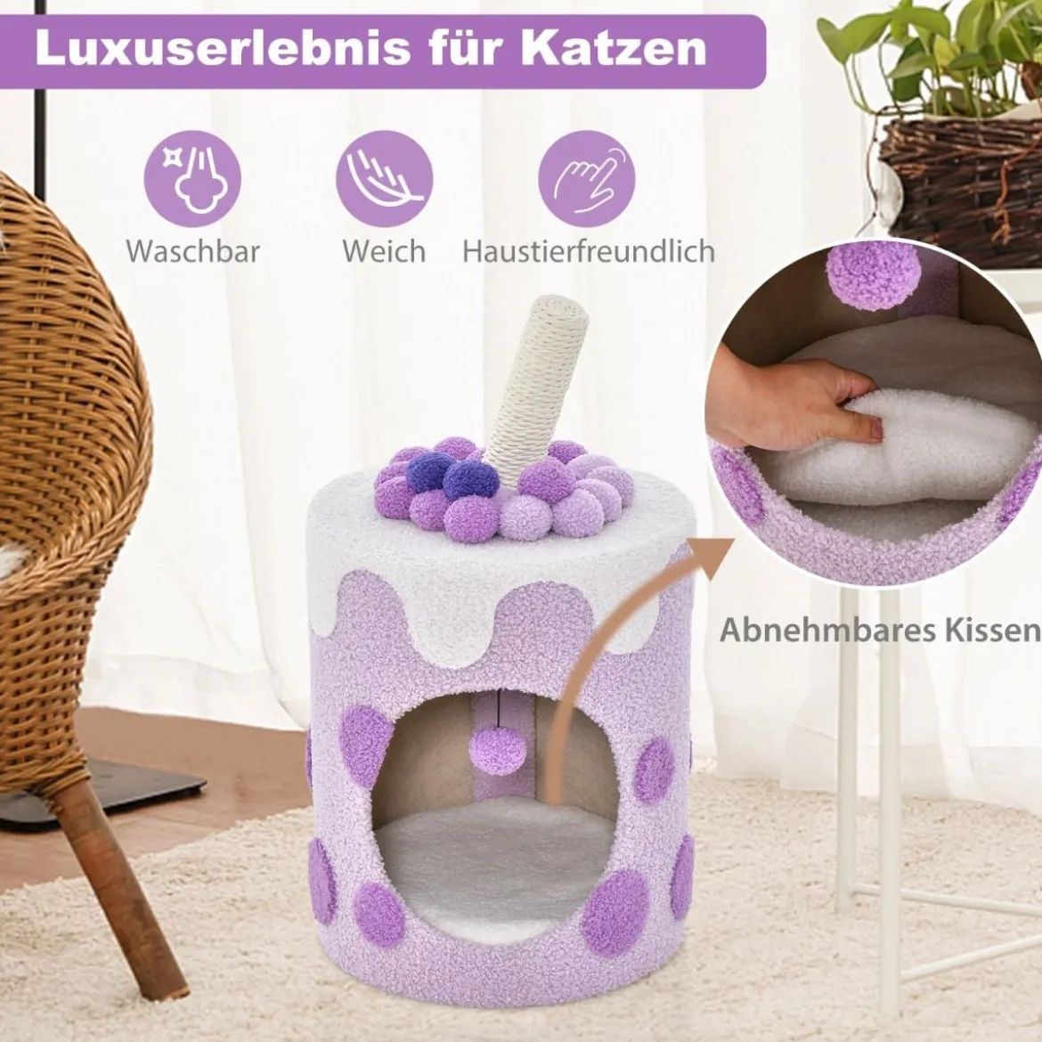 Kratzbaum Kratztonne in Milchteeform mit Sisalpfosten & baumelndem Ballspielzeug Lila