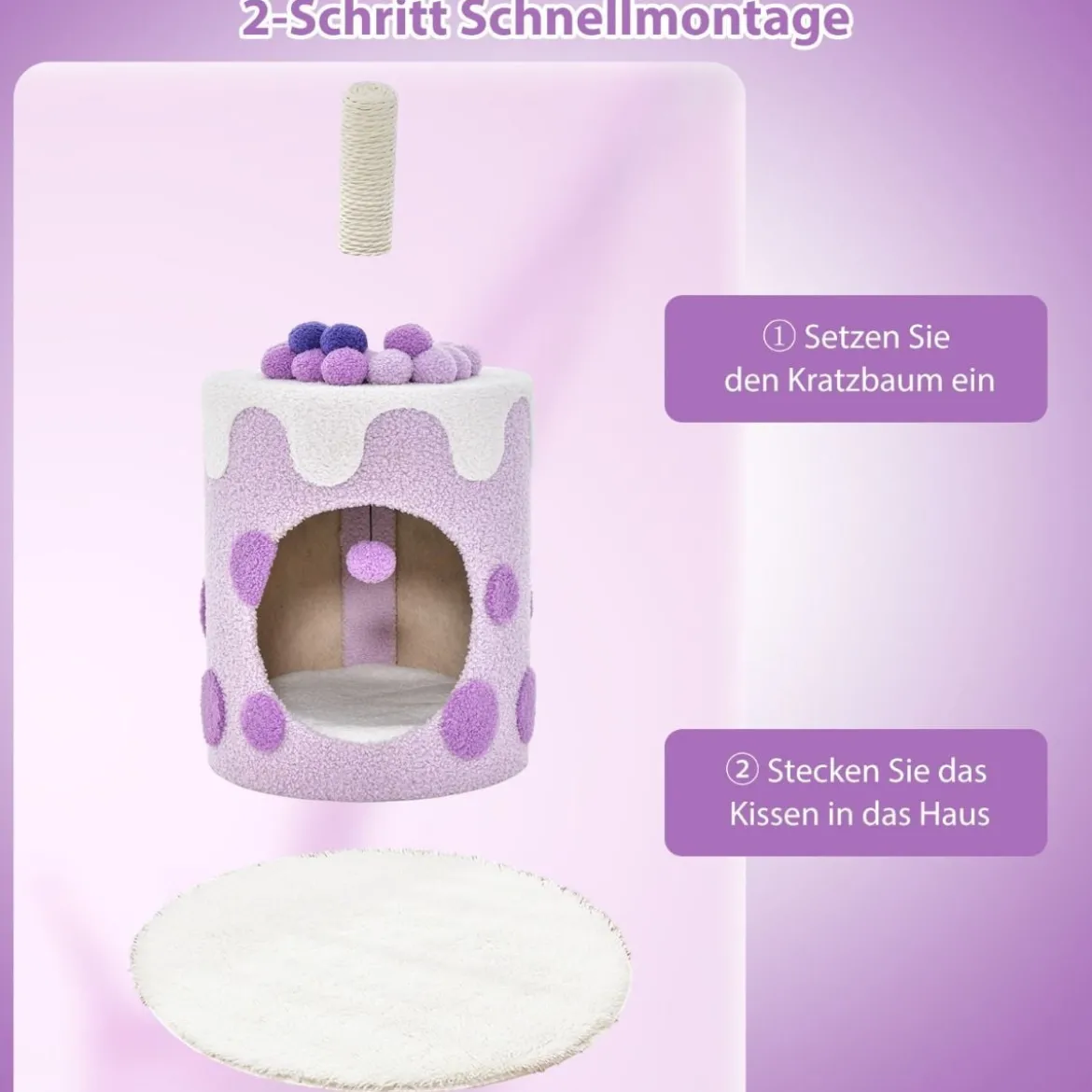 Kratzbaum Kratztonne in Milchteeform mit Sisalpfosten & baumelndem Ballspielzeug Lila