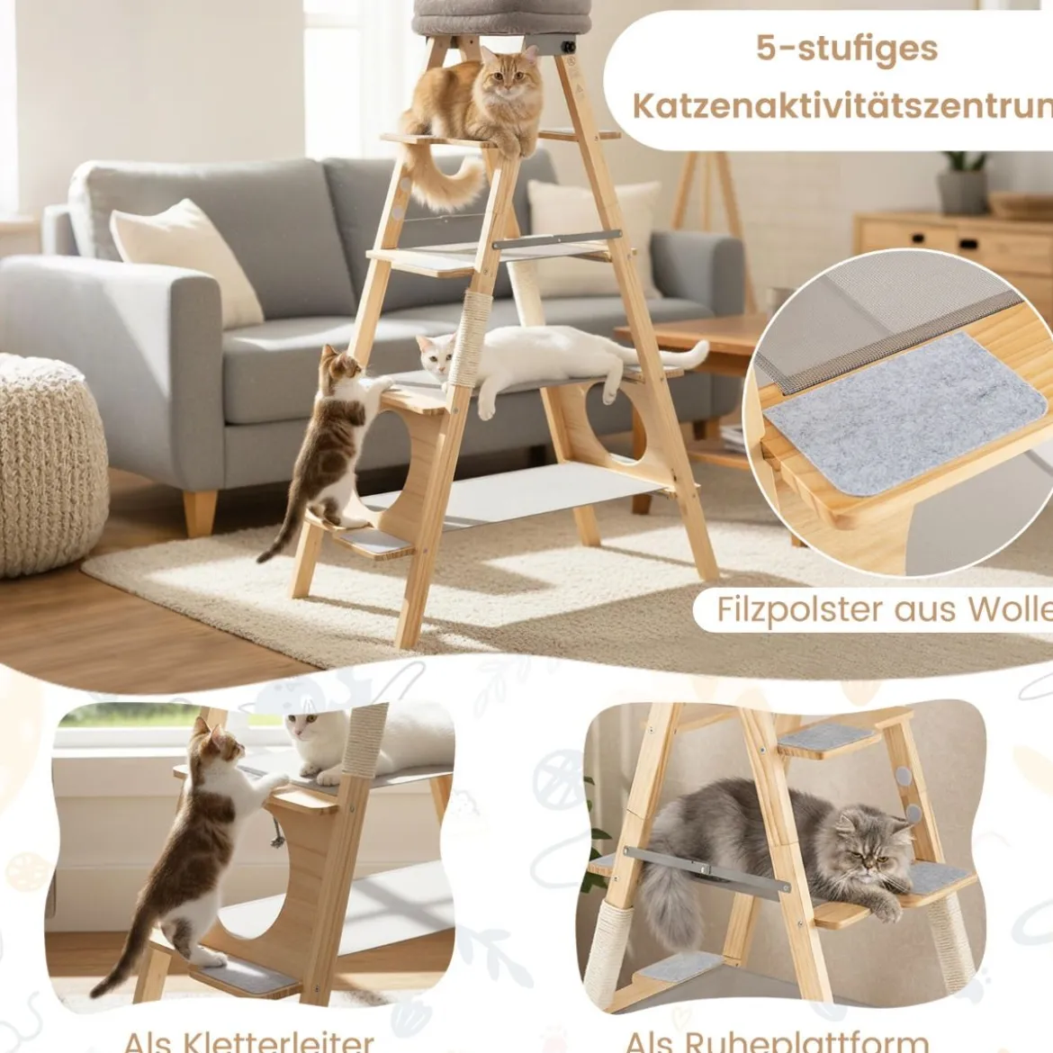 Kratzbaum & Leiter mit Sisal-Kratzpfosten & Gepolstertem Liegeplatz Faltbarer Katzenbaum