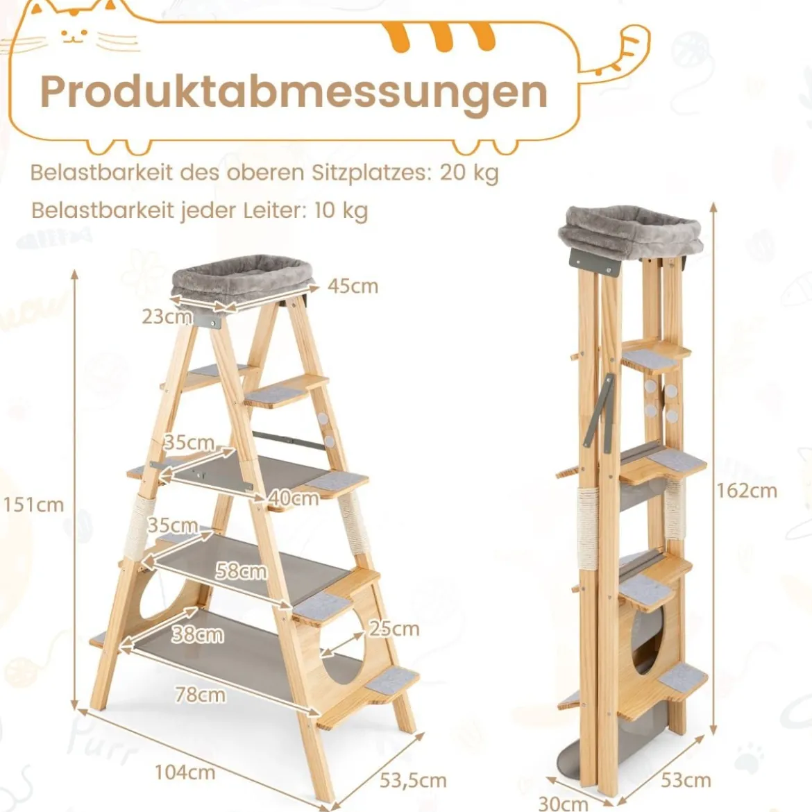Kratzbaum & Leiter mit Sisal-Kratzpfosten & Gepolstertem Liegeplatz Faltbarer Katzenbaum