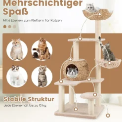 Kratzbaum mit Katzenhöhle 150 cm hoch Katzenbaum mit Hängematte bis 10 kg Beige+Natur