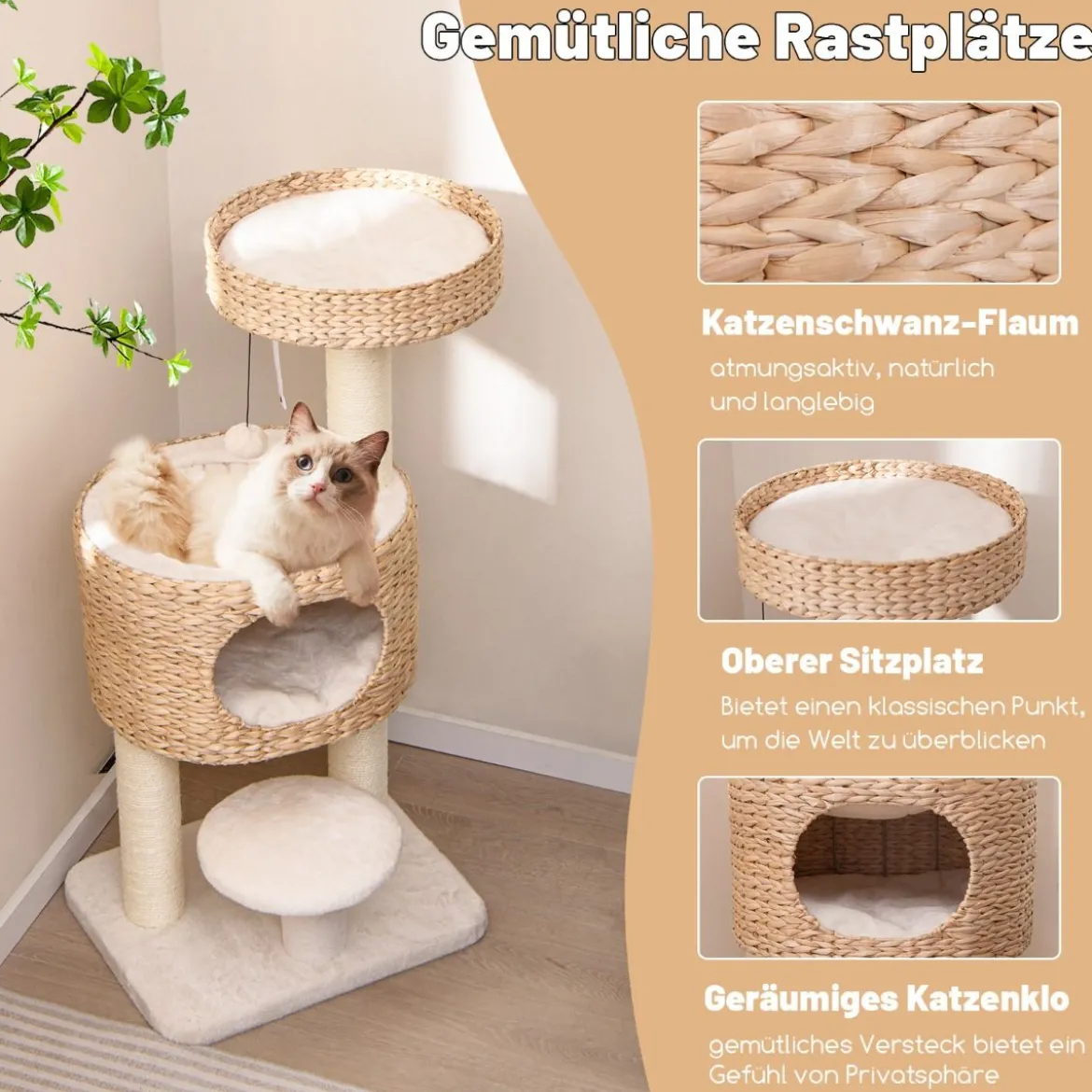 Kratzbaum mit Katzenhöhle 104 cm hoch Katzenbaum mit Sitzstange & Plattform Beige+Natur