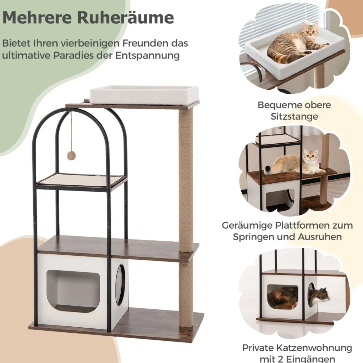 Kratzbaum mit Katzenhöhle 118cm Katzenbaum mit abnehmbarem Katzenbett & Ball & Kratzmatte