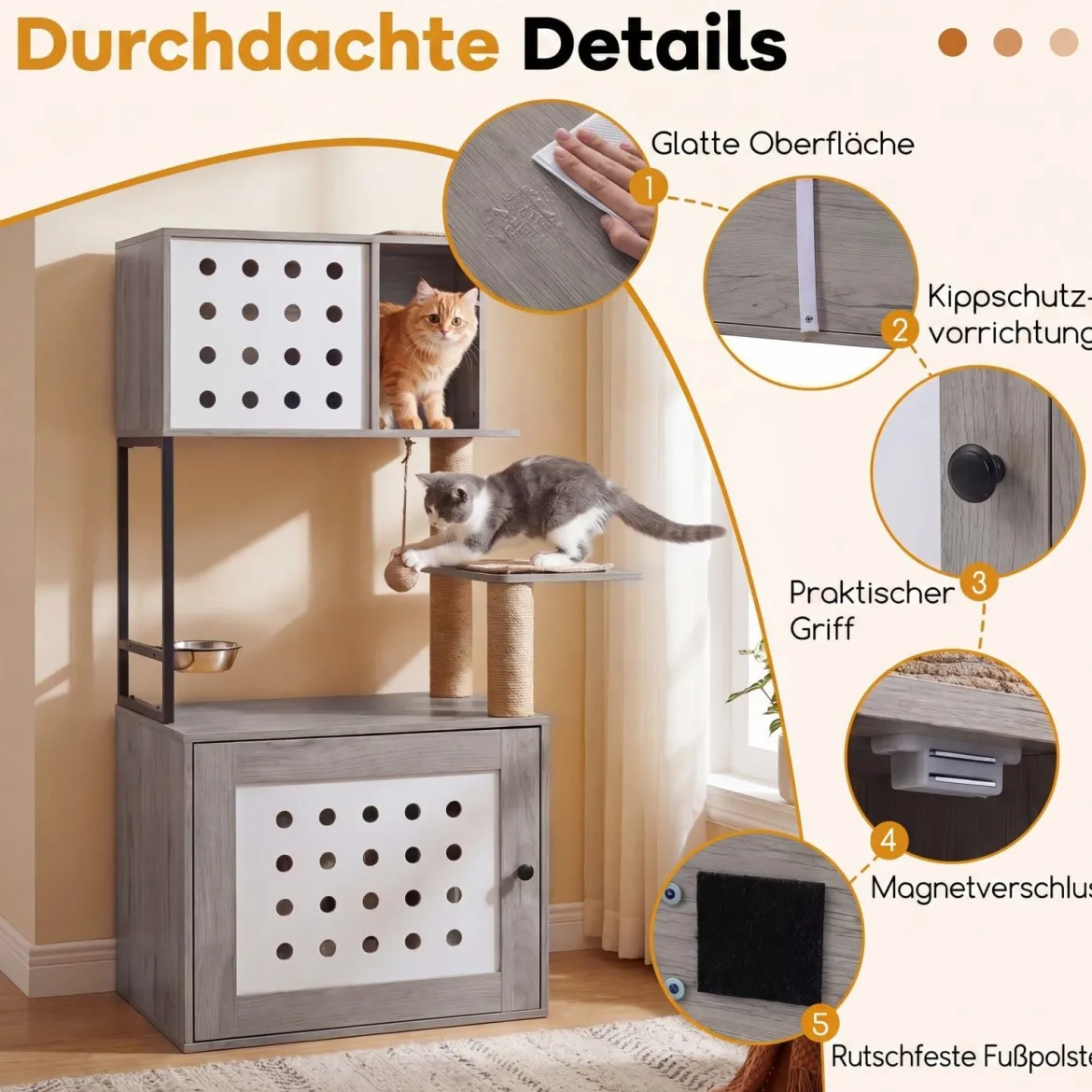 Kratzbaum mit Katzenklo-Schrank 117,5 cm Mehrstöckiger Katzenbaum Katzenkratzbaum mit Futterstation