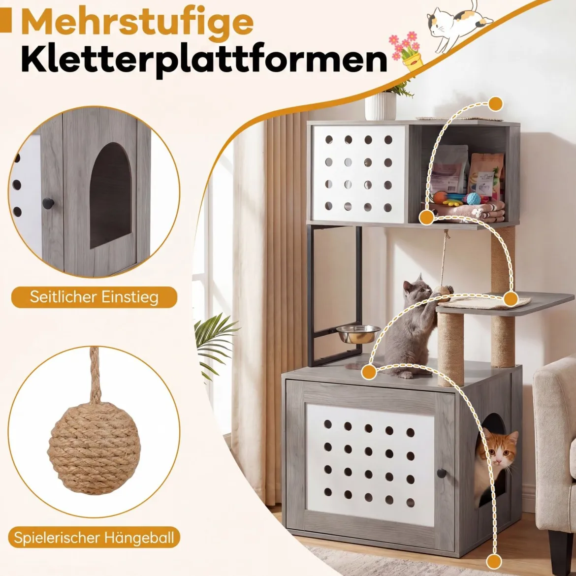 Kratzbaum mit Katzenklo-Schrank 117,5 cm Mehrstöckiger Katzenbaum Katzenkratzbaum mit Futterstation