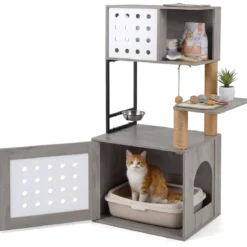 Kratzbaum mit Katzenklo-Schrank 117,5 cm Mehrstöckiger Katzenbaum Katzenkratzbaum mit Futterstation
