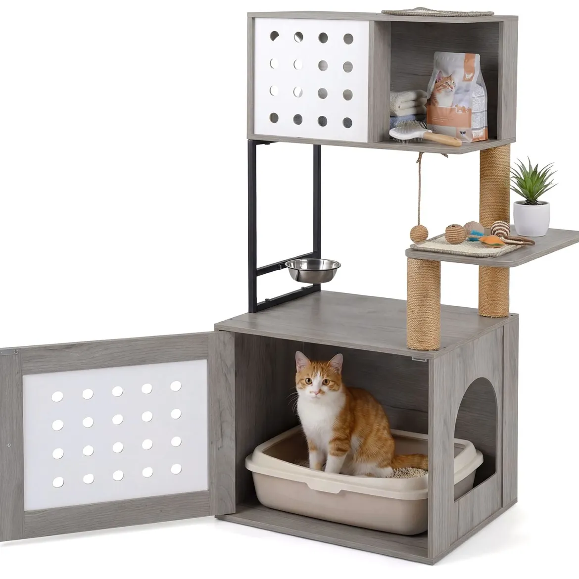Kratzbaum mit Katzenklo-Schrank 117,5 cm Mehrstöckiger Katzenbaum Katzenkratzbaum mit Futterstation