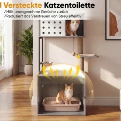 Kratzbaum mit Katzenklo-Schrank 117,5 cm Mehrstöckiger Katzenbaum Katzenkratzbaum mit Futterstation