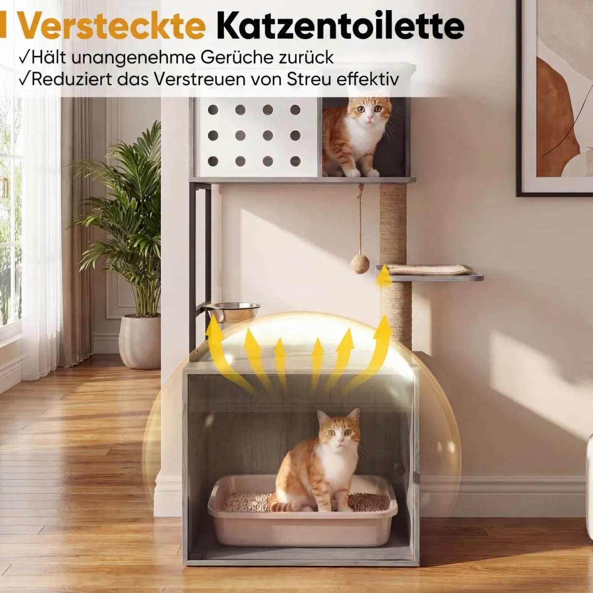 Kratzbaum mit Katzenklo-Schrank 117,5 cm Mehrstöckiger Katzenbaum Katzenkratzbaum mit Futterstation