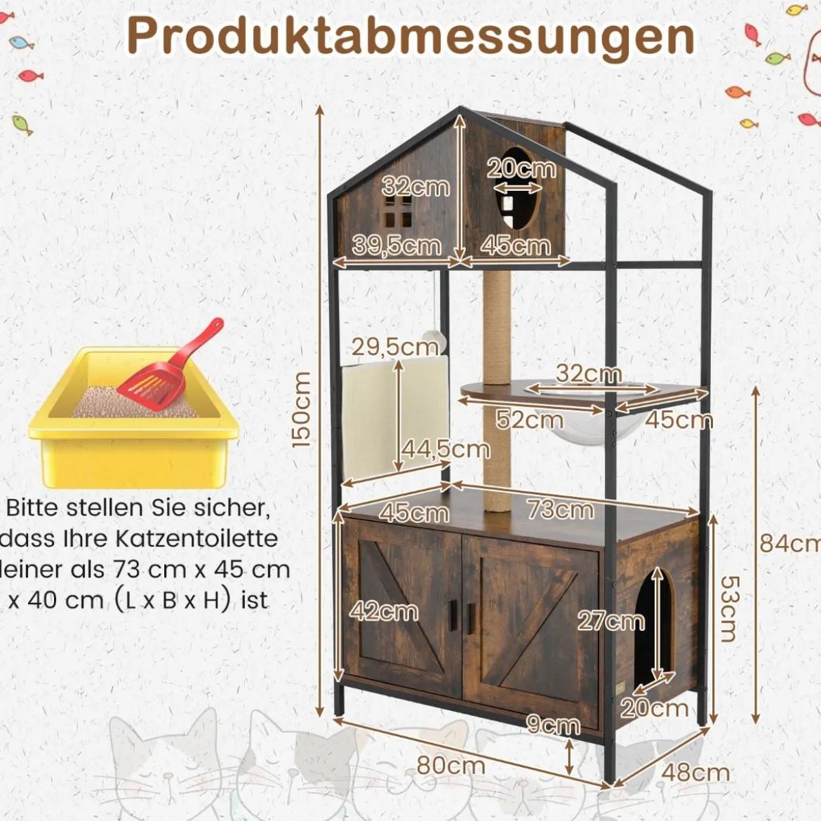 Kratzbaum mit Katzenklo Schrank Katzenschrank für Katzentoilette Katzenbaum mit Katzenhaus Braun